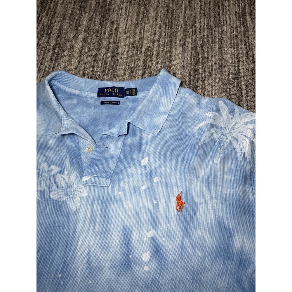 Polo Ralph Lauren Custom Slim Fit Men's 2XL Blue/White Tie-Dye Tropical Polo - Picture 2 of 7